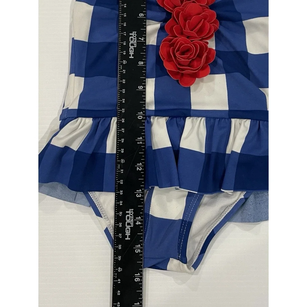 Janie and Jack blue white plaid check Red Flowers swimsuit baby girl 2T July 4th
